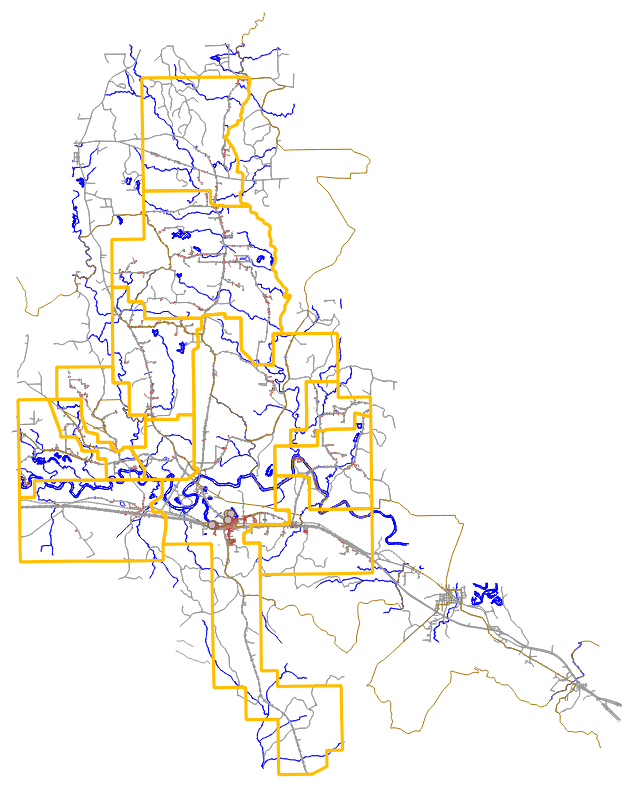 A CAD base map of roads, streams and boundaries imported into QGIS, with line colours and weights distinguishing the classes.