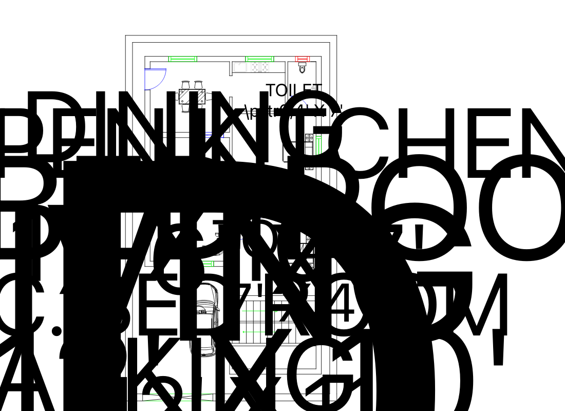 A residential floor plan opened with QGIS's own DXF import. Text entities are drawn enormous and overlap the whole sheet, so rooms, furniture and walls are largely hidden behind black lettering.