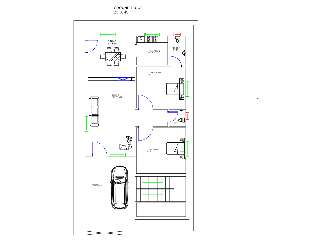 The same floor plan imported with EchoCad. The outline of the house, room labels such as DINING and LIVING with their dimensions, doors, windows, furniture symbols and a car in the garage are all legible, each CAD layer kept separate.