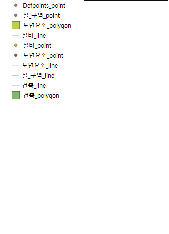 매핑 프로파일을 적용한 QGIS 레이어 패널. 건물·설비·실·도면요소로 묶여 10개.