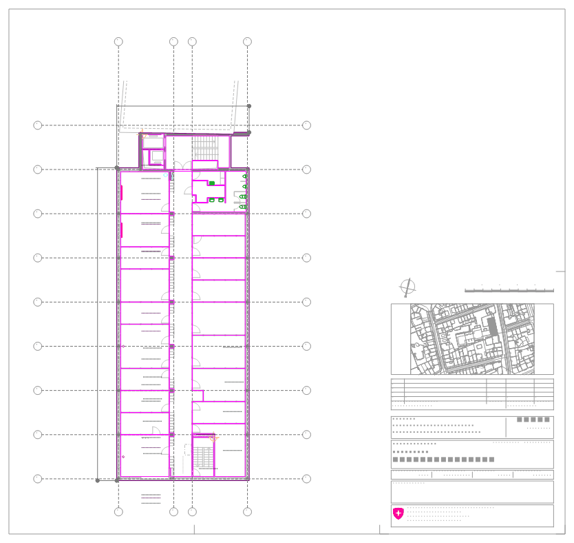 An architectural floor plan imported by EchoCad and shown in QGIS, with walls, doors and grid lines in their original colours and line types.