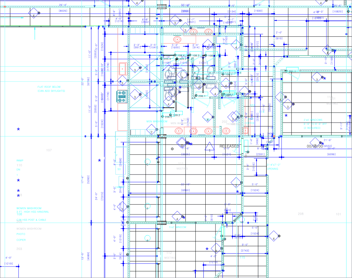 A close-up of the same plan in QGIS. Dimension strings such as 26 feet 4 inches with the millimetre equivalent underneath, room names like MEN WASHROOM and MEETING, sanitary fixtures, door swings and hatched floor areas are all legible.