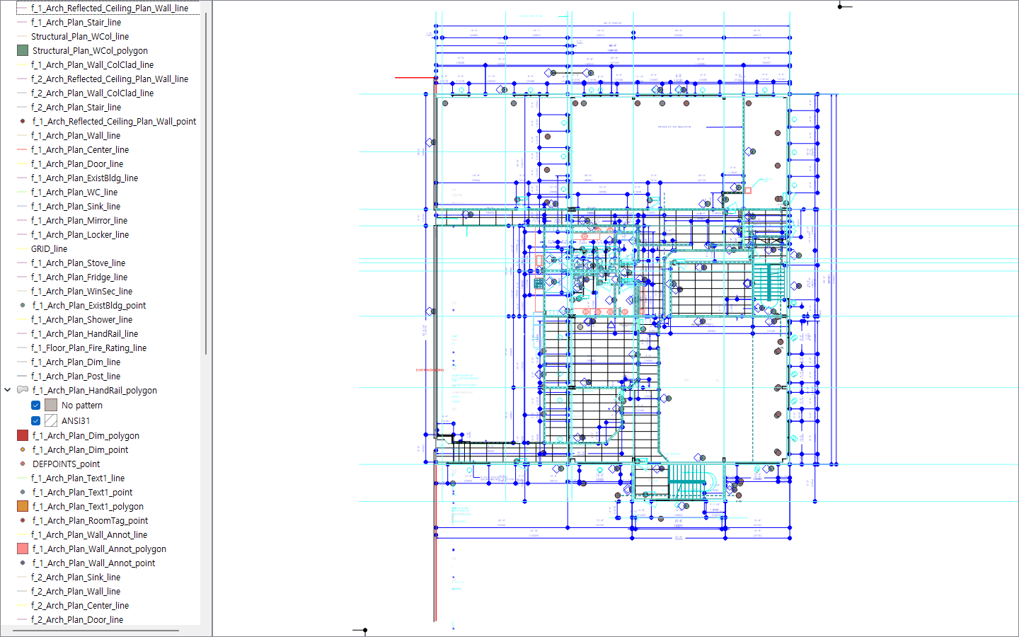 A floor plan imported by EchoCad, shown inside QGIS. The layers panel on the left lists each CAD layer as its own QGIS layer, including a hatch pattern entry; the map shows walls, grids, stairs and fixtures in their original colours and line types.