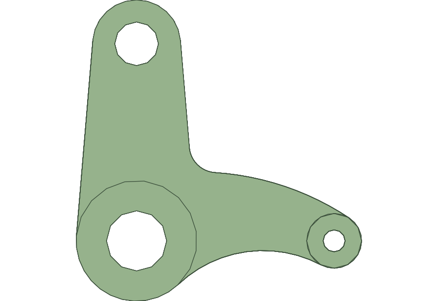 A bracket-shaped 3D solid imported into QGIS as faces, with three bolt holes cut through it.